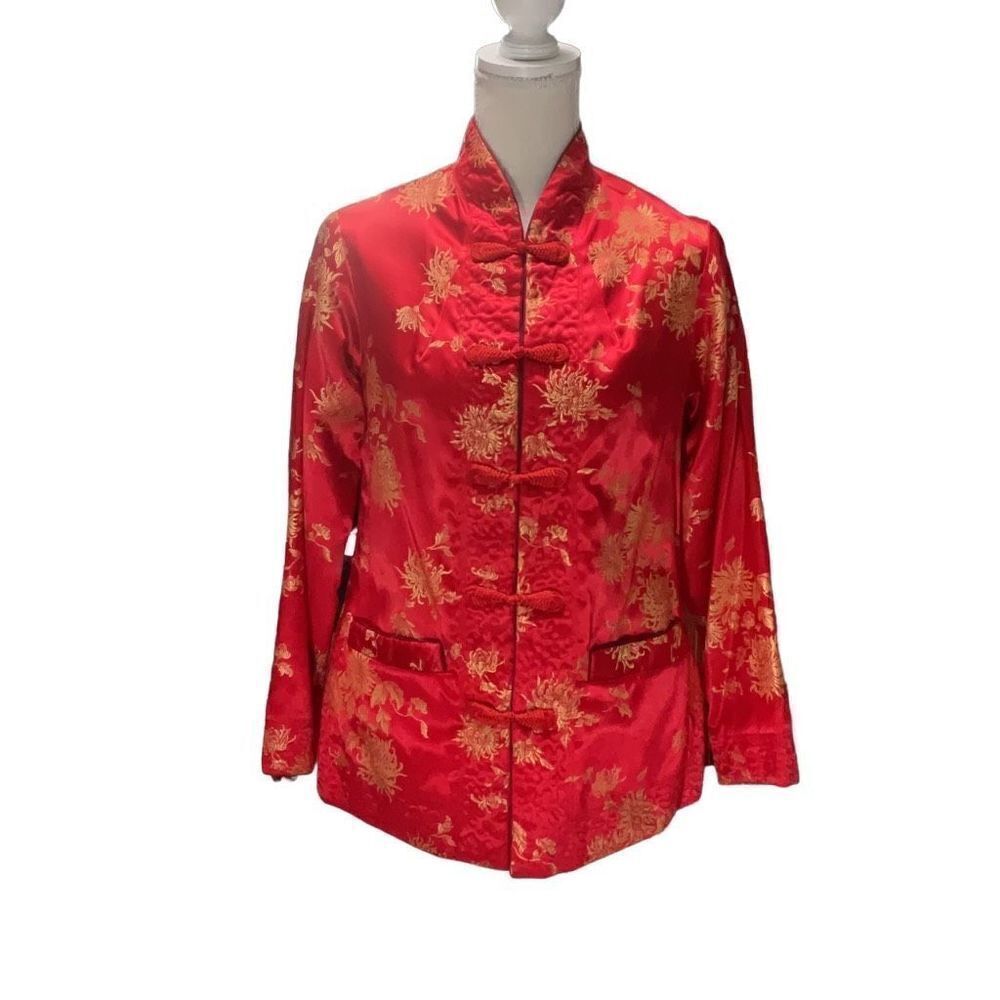 Reversible Quilted Red Cranberry Traditional vintage Asian Jacket Pockets